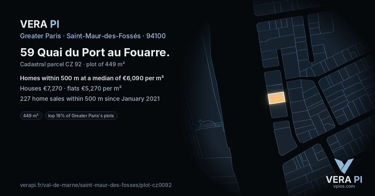 59 Quai du Port au Fouarre, Saint-Maur-des-Fossés at night – the plot lit, the parcels around coloured by the prices near them