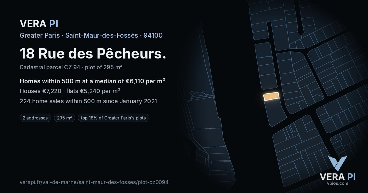 18 Rue des Pêcheurs, Saint-Maur-des-Fossés at night – the plot lit, the parcels around coloured by the prices near them