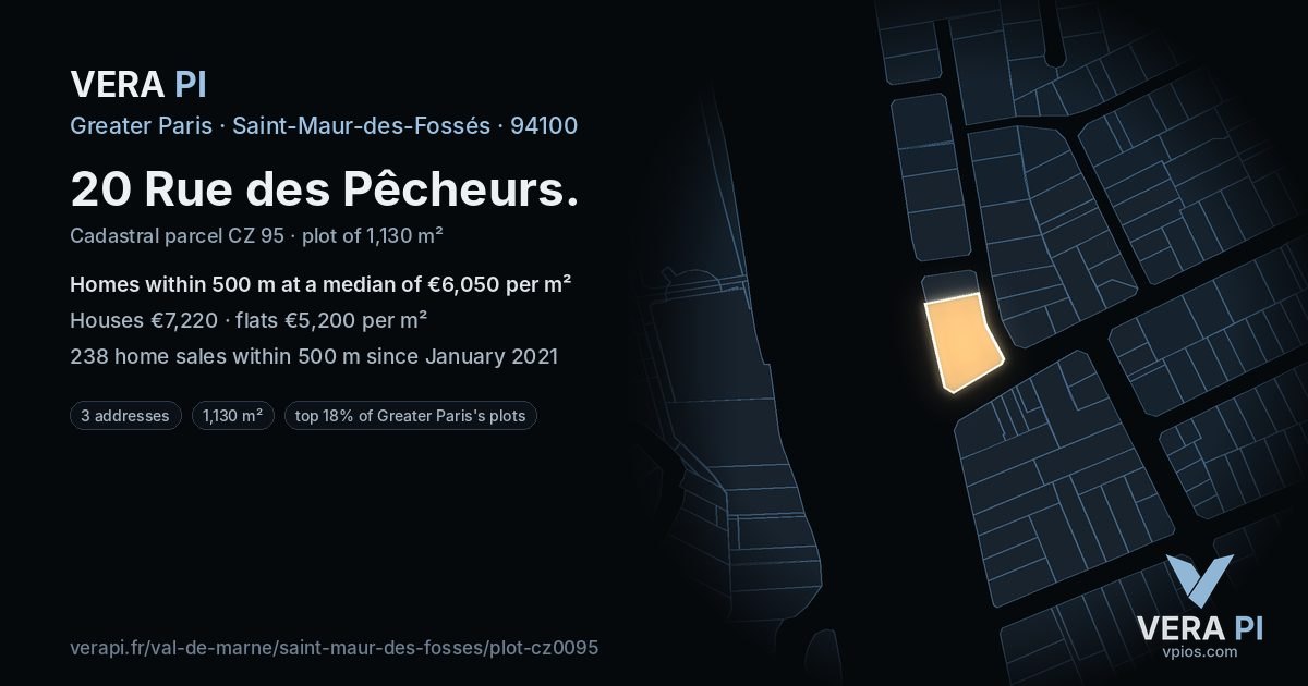 20 Rue des Pêcheurs, Saint-Maur-des-Fossés at night – the plot lit, the parcels around coloured by the prices near them
