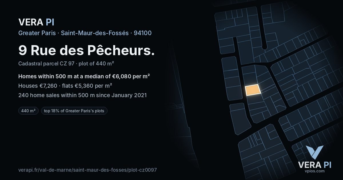 9 Rue des Pêcheurs, Saint-Maur-des-Fossés at night – the plot lit, the parcels around coloured by the prices near them