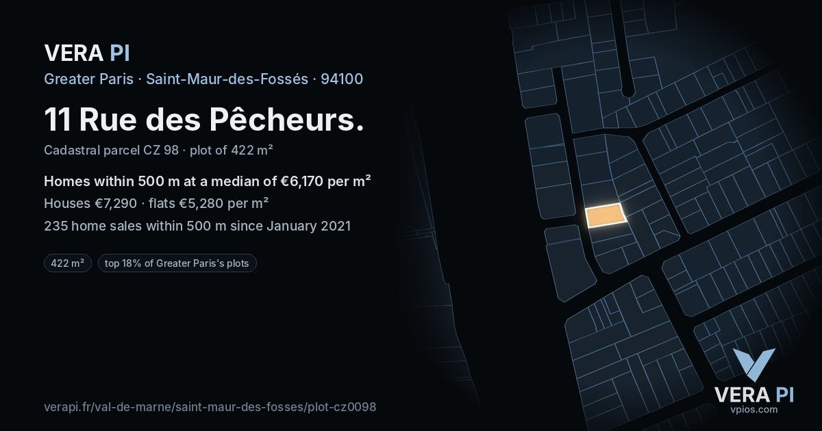 11 Rue des Pêcheurs, Saint-Maur-des-Fossés at night – the plot lit, the parcels around coloured by the prices near them