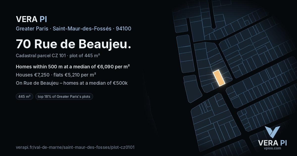 70 Rue de Beaujeu, Saint-Maur-des-Fossés at night – the plot lit, the parcels around coloured by the prices near them