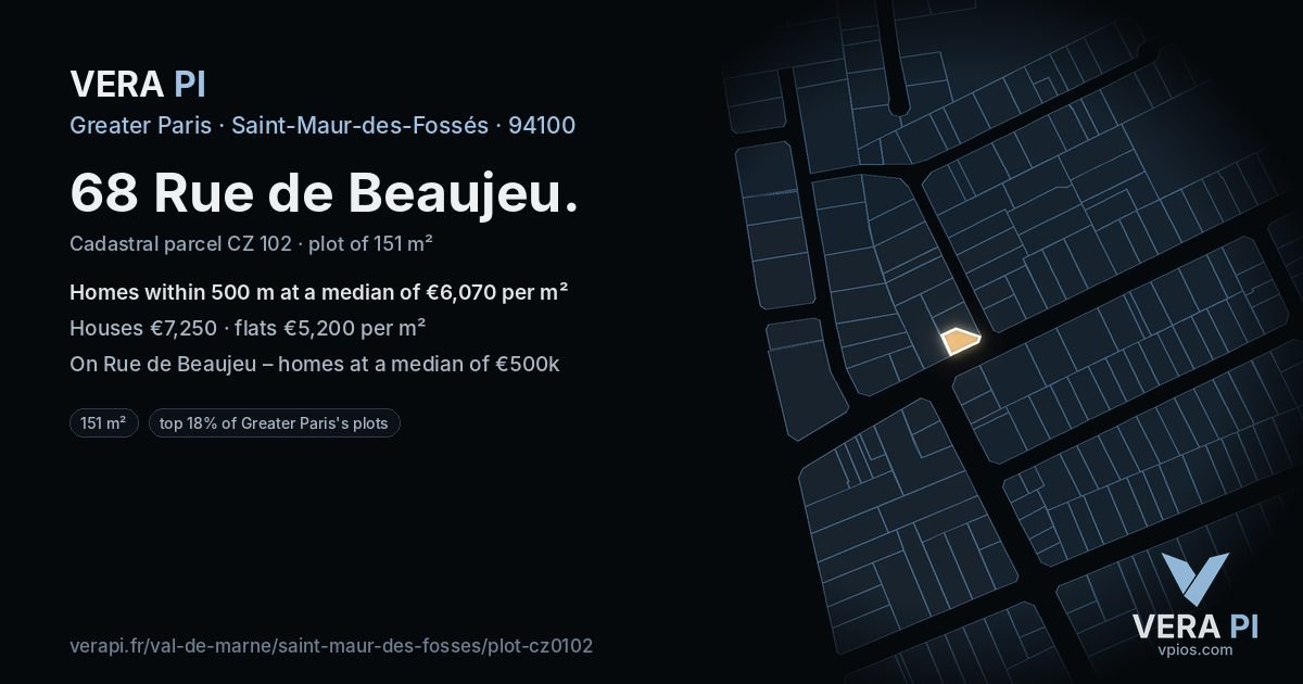 68 Rue de Beaujeu, Saint-Maur-des-Fossés at night – the plot lit, the parcels around coloured by the prices near them