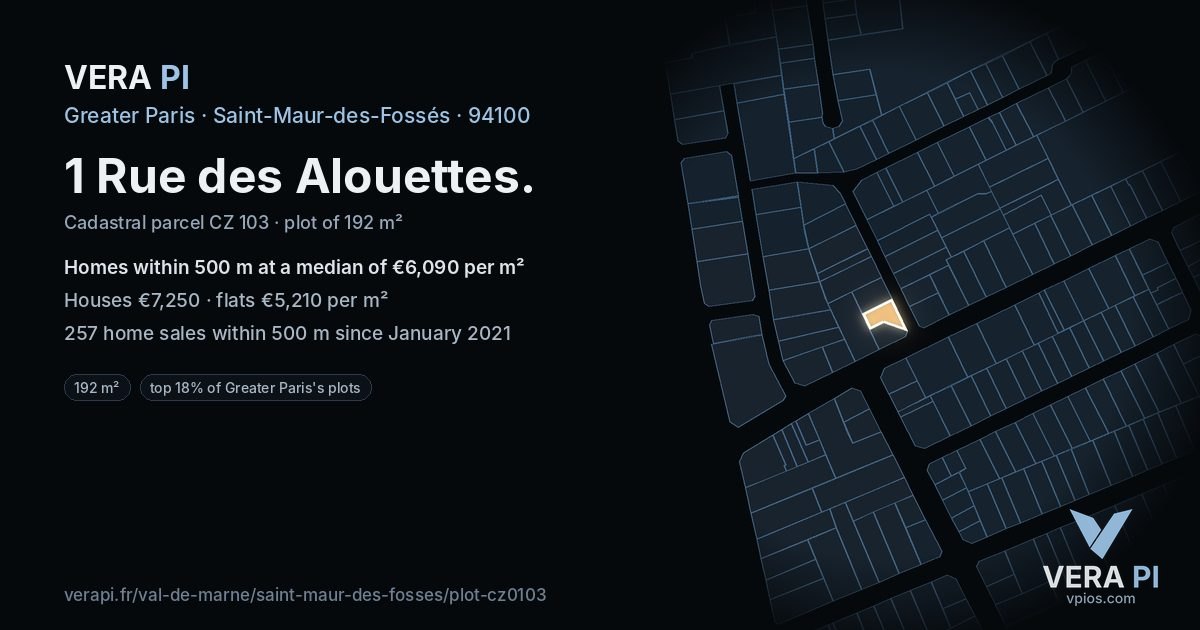 1 Rue des Alouettes, Saint-Maur-des-Fossés at night – the plot lit, the parcels around coloured by the prices near them