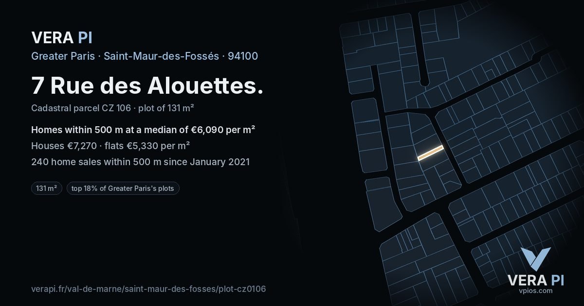 7 Rue des Alouettes, Saint-Maur-des-Fossés at night – the plot lit, the parcels around coloured by the prices near them
