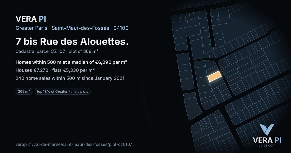 7 bis Rue des Alouettes, Saint-Maur-des-Fossés at night – the plot lit, the parcels around coloured by the prices near them