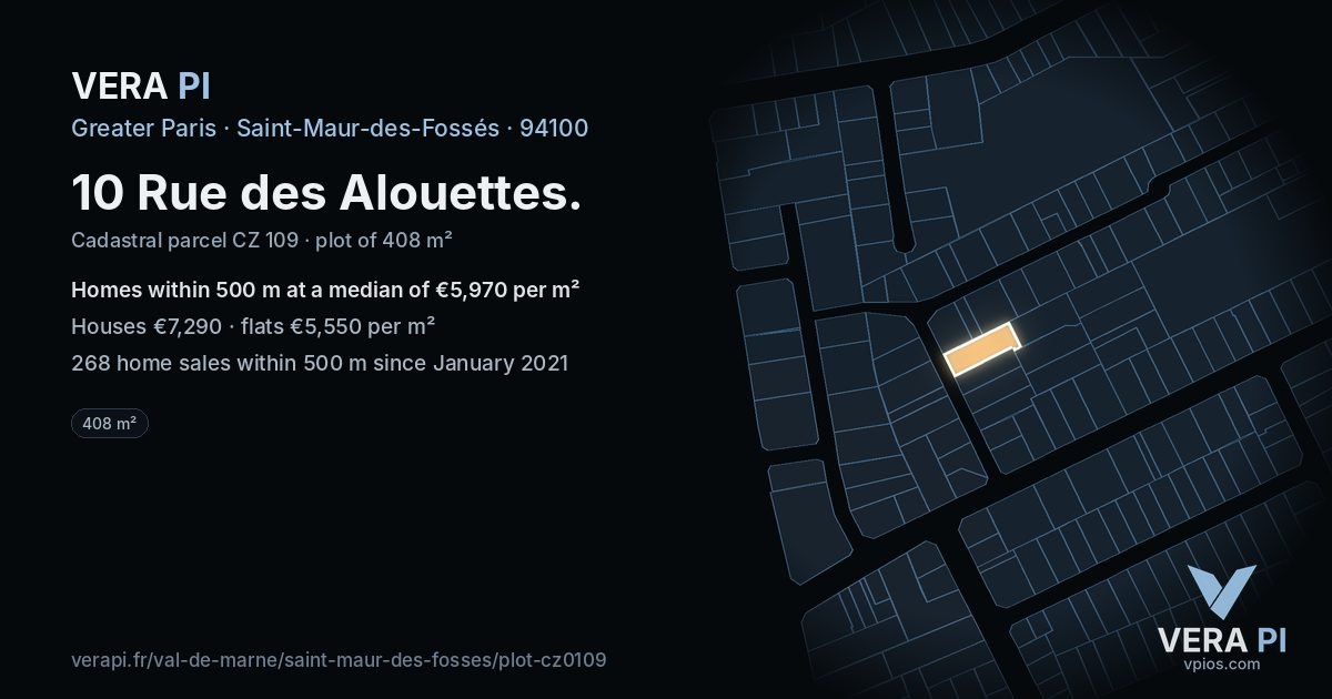 10 Rue des Alouettes, Saint-Maur-des-Fossés at night – the plot lit, the parcels around coloured by the prices near them