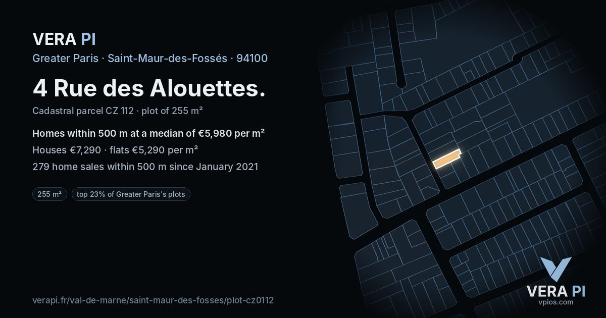 4 Rue des Alouettes, Saint-Maur-des-Fossés at night – the plot lit, the parcels around coloured by the prices near them