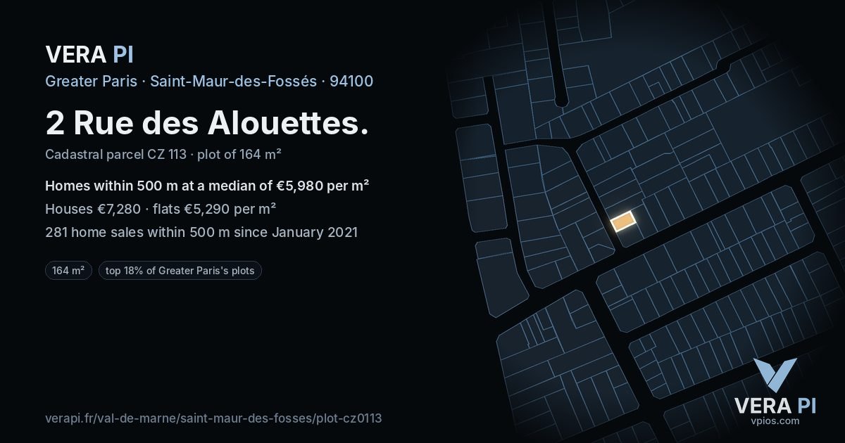 2 Rue des Alouettes, Saint-Maur-des-Fossés at night – the plot lit, the parcels around coloured by the prices near them