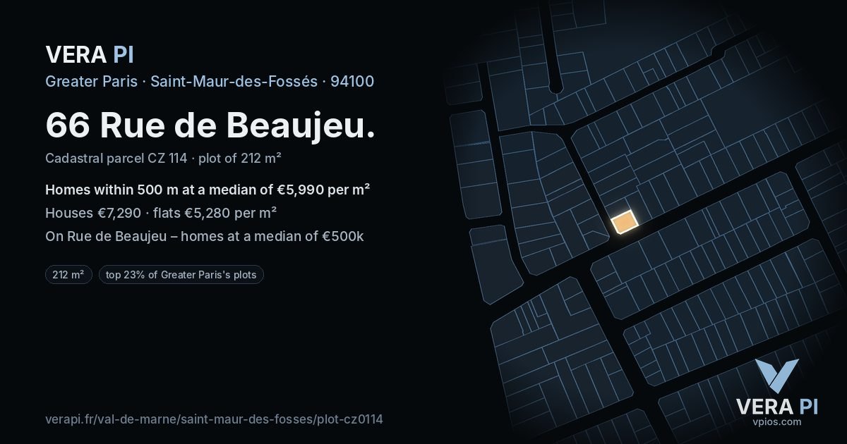 66 Rue de Beaujeu, Saint-Maur-des-Fossés at night – the plot lit, the parcels around coloured by the prices near them