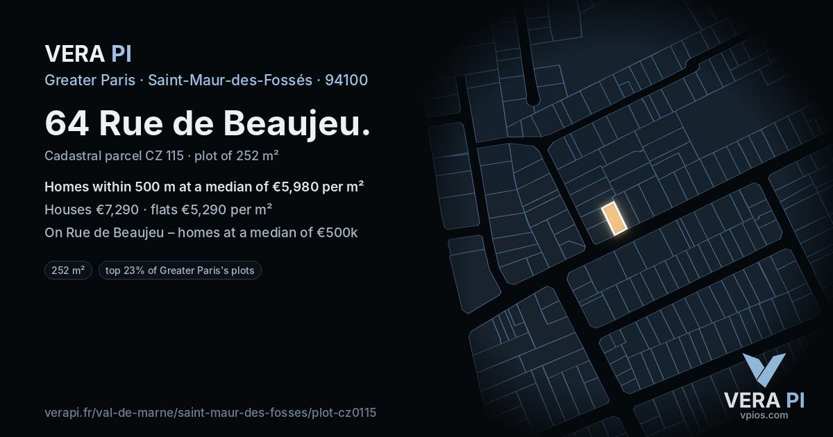 64 Rue de Beaujeu, Saint-Maur-des-Fossés at night – the plot lit, the parcels around coloured by the prices near them