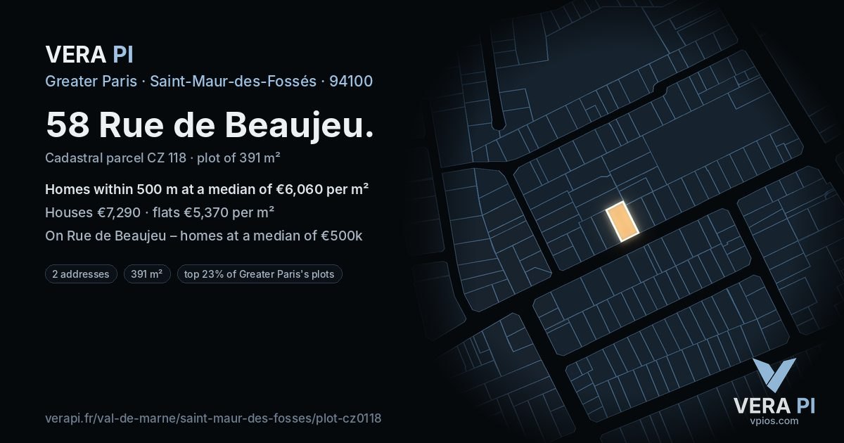 58 Rue de Beaujeu, Saint-Maur-des-Fossés at night – the plot lit, the parcels around coloured by the prices near them