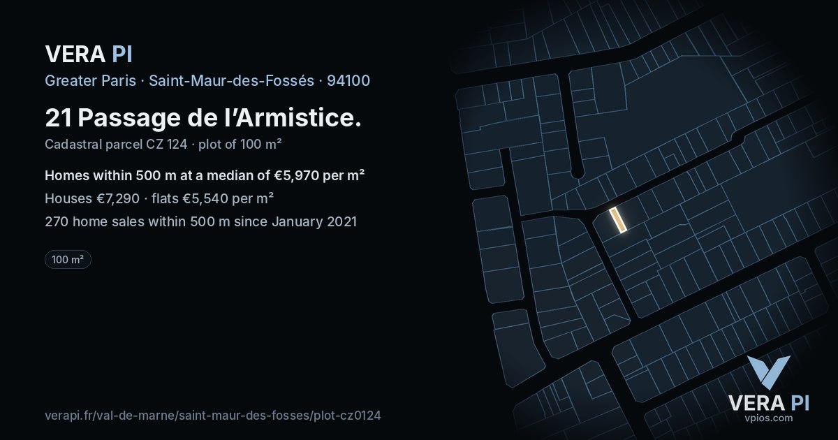 21 Passage de l’Armistice, Saint-Maur-des-Fossés at night – the plot lit, the parcels around coloured by the prices near them