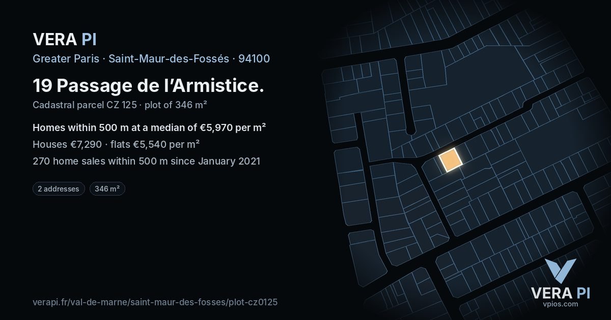 19 Passage de l’Armistice, Saint-Maur-des-Fossés at night – the plot lit, the parcels around coloured by the prices near them