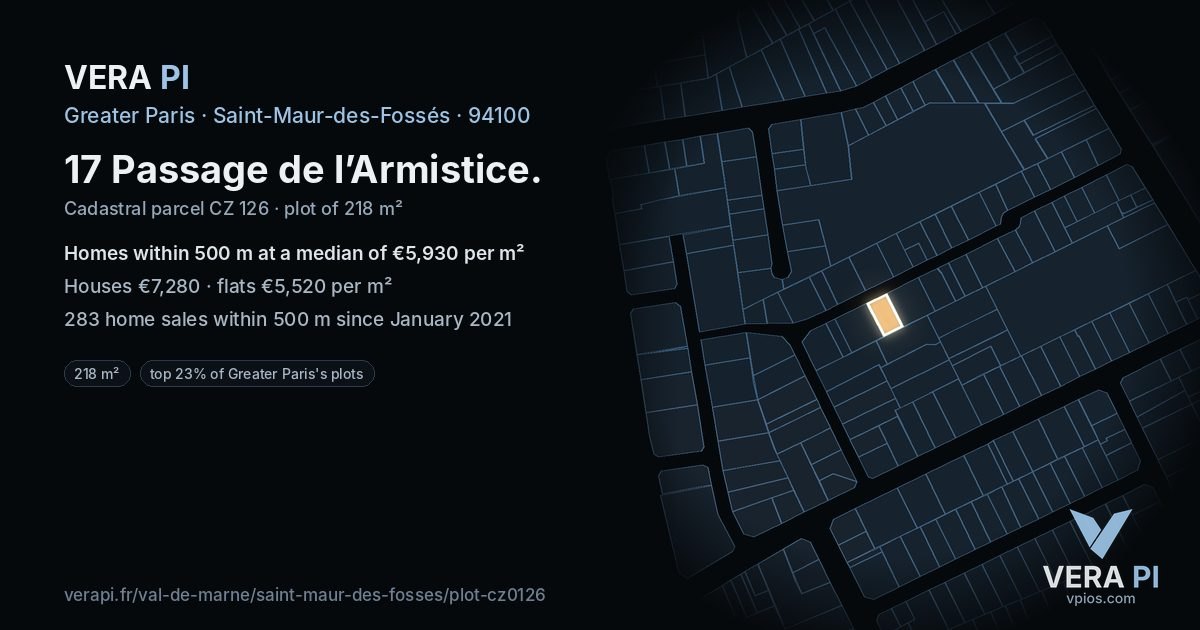 17 Passage de l’Armistice, Saint-Maur-des-Fossés at night – the plot lit, the parcels around coloured by the prices near them