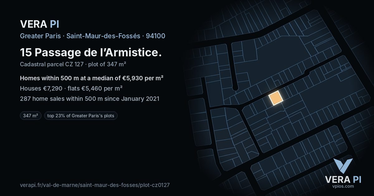 15 Passage de l’Armistice, Saint-Maur-des-Fossés at night – the plot lit, the parcels around coloured by the prices near them