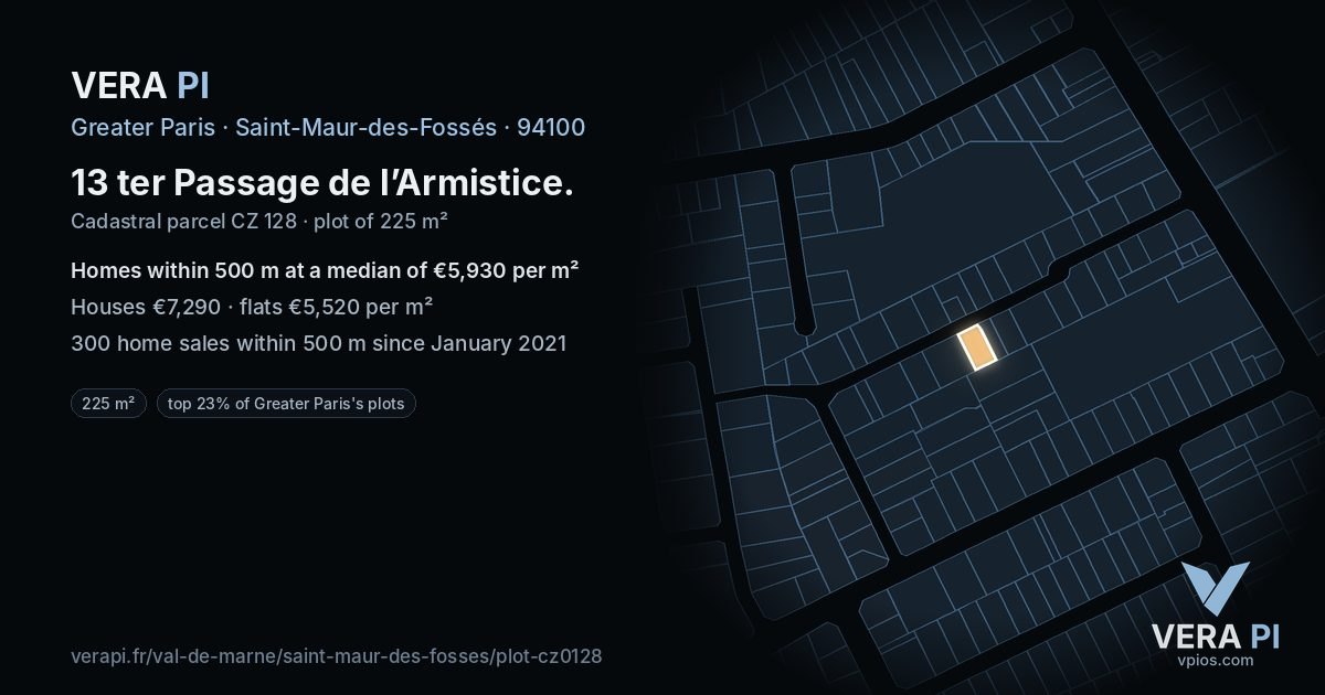 13 ter Passage de l’Armistice, Saint-Maur-des-Fossés at night – the plot lit, the parcels around coloured by the prices near them