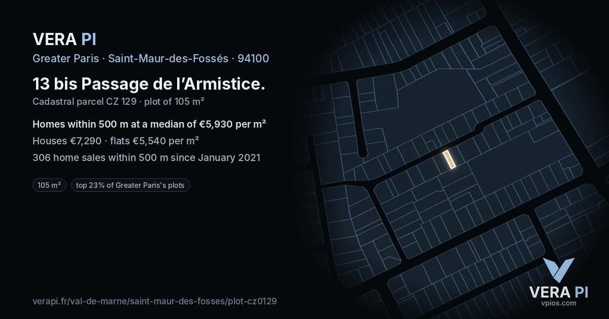 13 bis Passage de l’Armistice, Saint-Maur-des-Fossés at night – the plot lit, the parcels around coloured by the prices near them