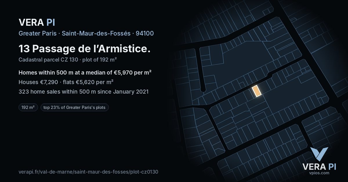 13 Passage de l’Armistice, Saint-Maur-des-Fossés at night – the plot lit, the parcels around coloured by the prices near them