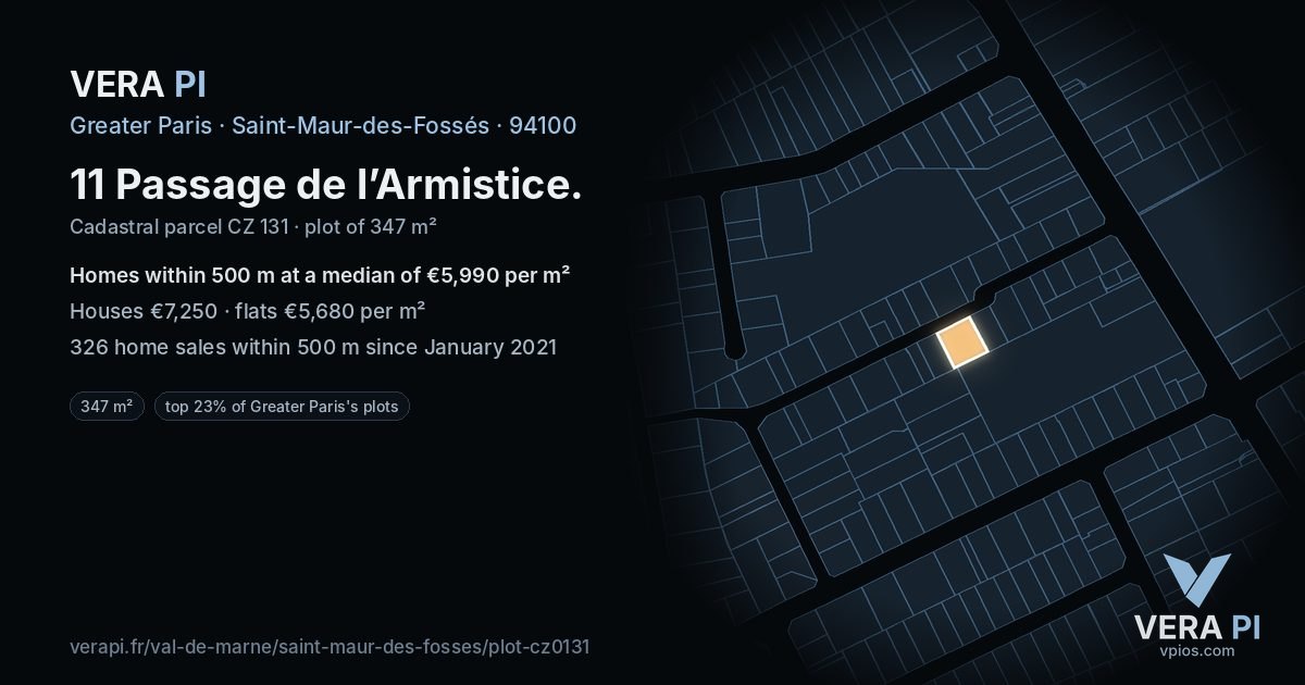 11 Passage de l’Armistice, Saint-Maur-des-Fossés at night – the plot lit, the parcels around coloured by the prices near them
