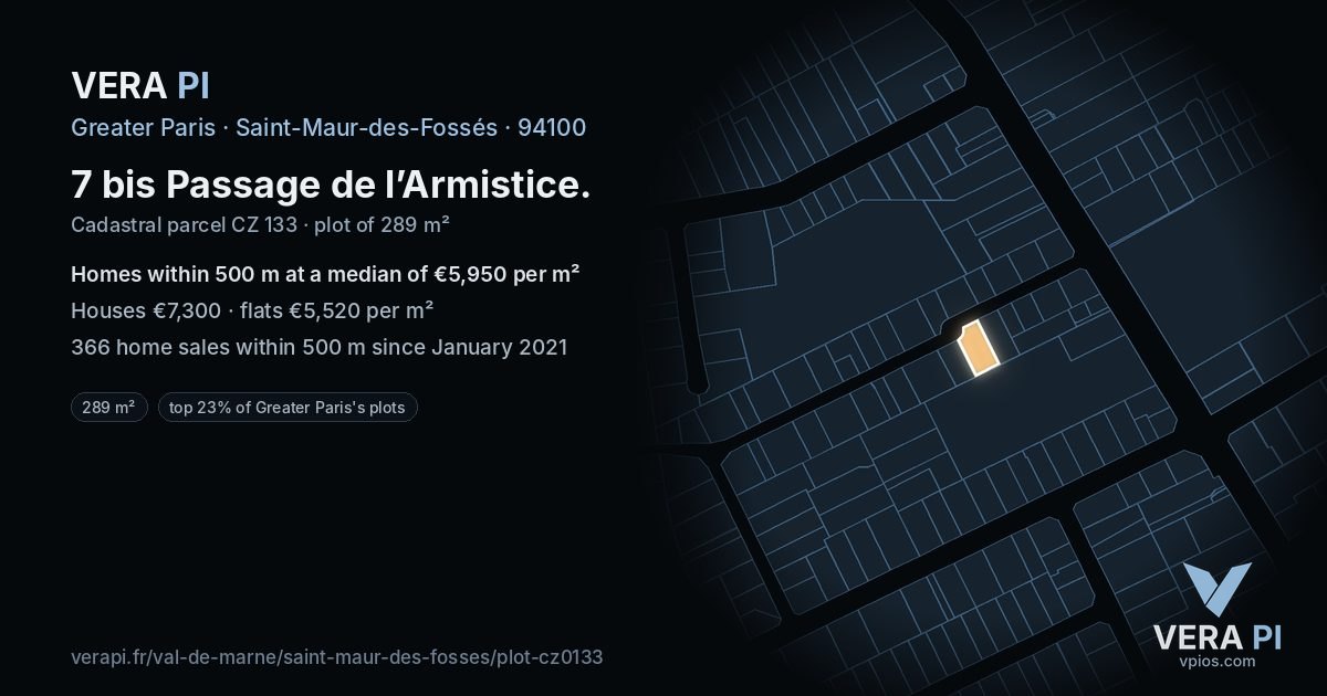 7 bis Passage de l’Armistice, Saint-Maur-des-Fossés at night – the plot lit, the parcels around coloured by the prices near them