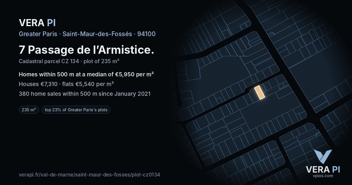 7 Passage de l’Armistice, Saint-Maur-des-Fossés at night – the plot lit, the parcels around coloured by the prices near them