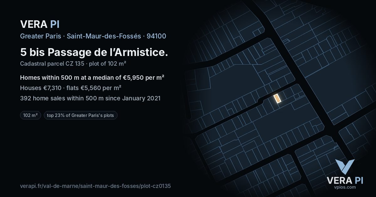 5 bis Passage de l’Armistice, Saint-Maur-des-Fossés at night – the plot lit, the parcels around coloured by the prices near them