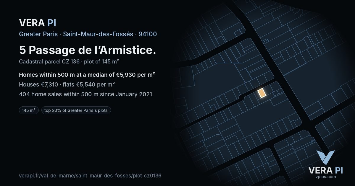5 Passage de l’Armistice, Saint-Maur-des-Fossés at night – the plot lit, the parcels around coloured by the prices near them