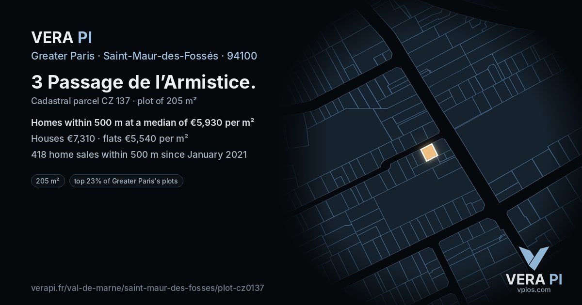 3 Passage de l’Armistice, Saint-Maur-des-Fossés at night – the plot lit, the parcels around coloured by the prices near them