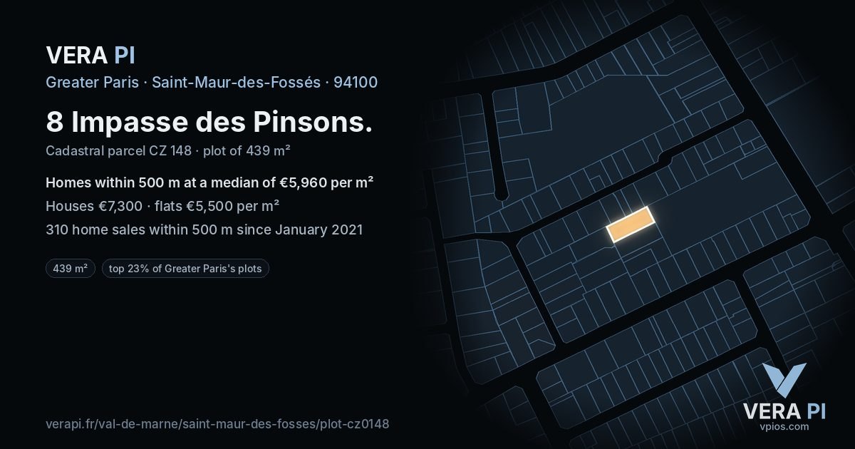 8 Impasse des Pinsons, Saint-Maur-des-Fossés at night – the plot lit, the parcels around coloured by the prices near them