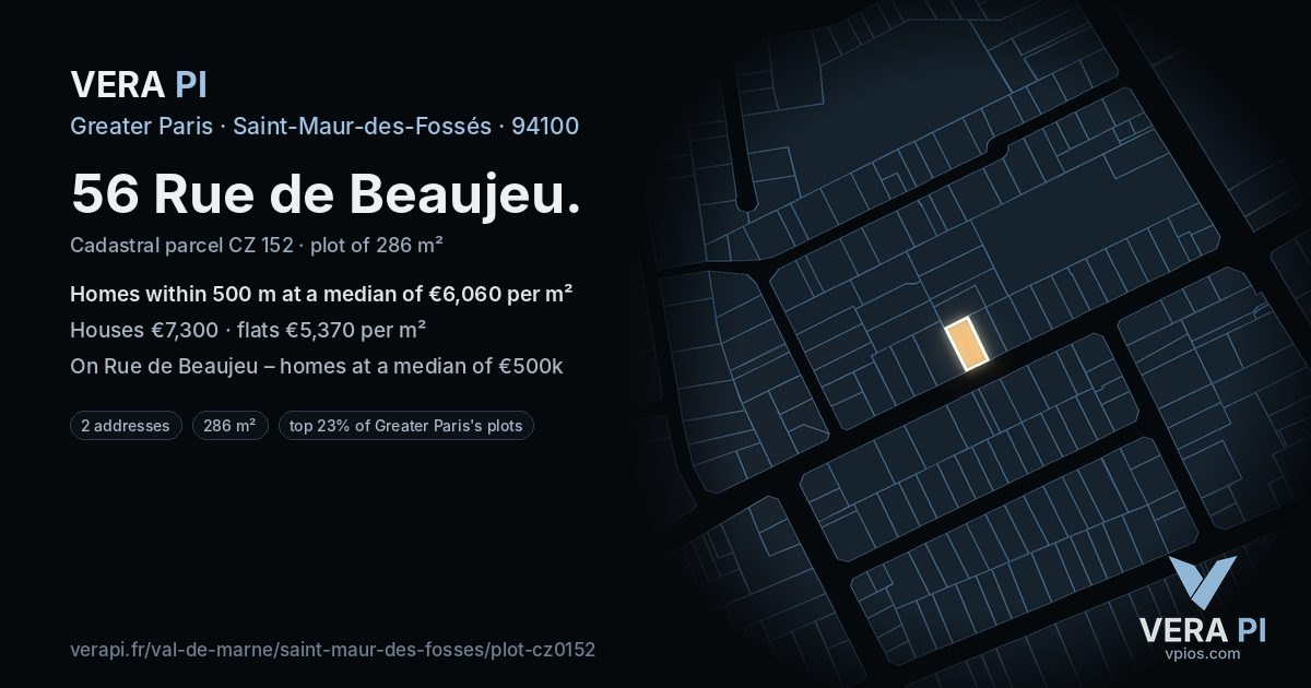 56 Rue de Beaujeu, Saint-Maur-des-Fossés at night – the plot lit, the parcels around coloured by the prices near them