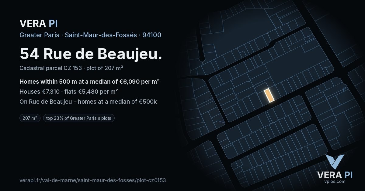 54 Rue de Beaujeu, Saint-Maur-des-Fossés at night – the plot lit, the parcels around coloured by the prices near them