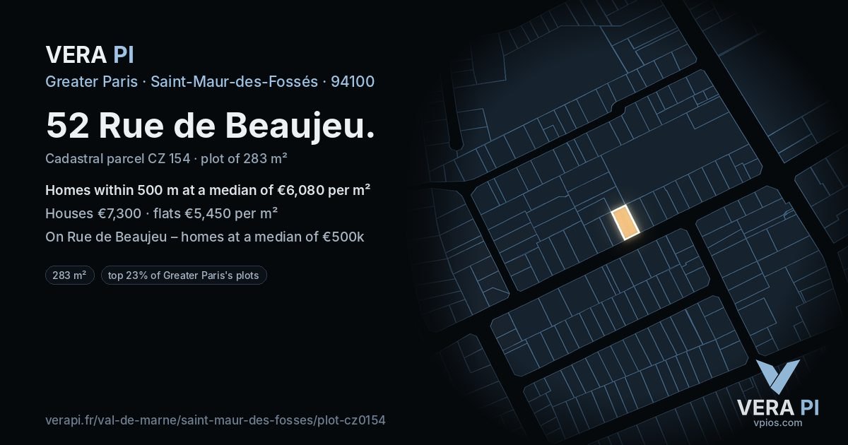 52 Rue de Beaujeu, Saint-Maur-des-Fossés at night – the plot lit, the parcels around coloured by the prices near them