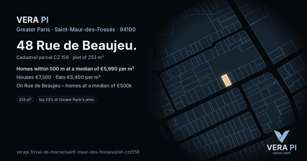 48 Rue de Beaujeu, Saint-Maur-des-Fossés at night – the plot lit, the parcels around coloured by the prices near them