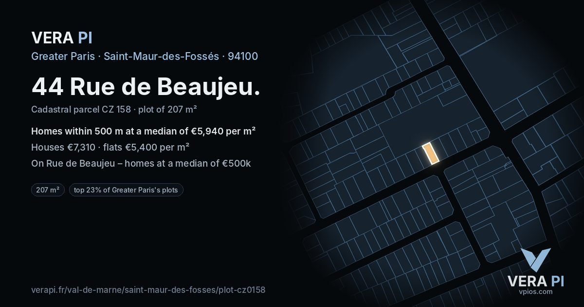 44 Rue de Beaujeu, Saint-Maur-des-Fossés at night – the plot lit, the parcels around coloured by the prices near them