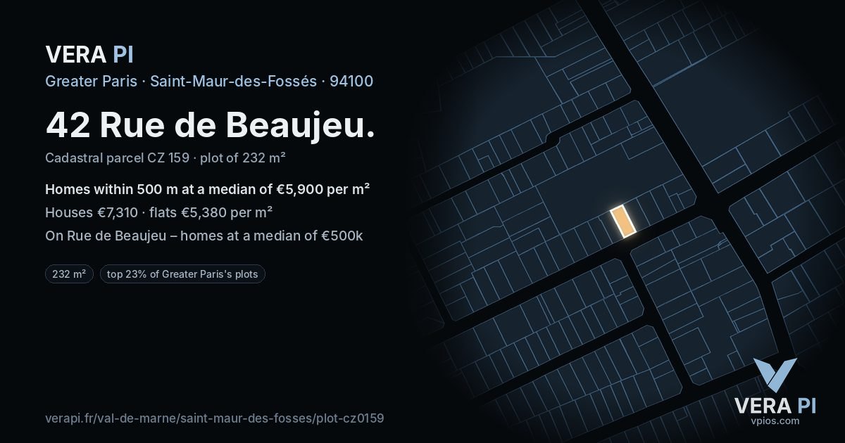 42 Rue de Beaujeu, Saint-Maur-des-Fossés at night – the plot lit, the parcels around coloured by the prices near them