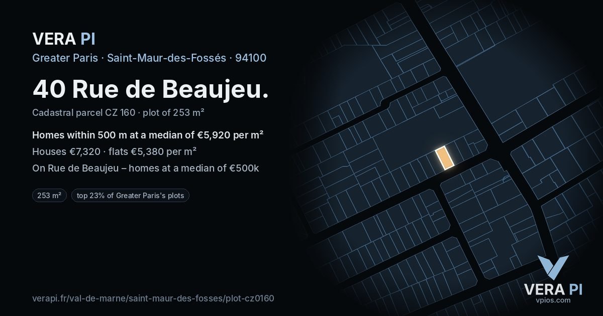 40 Rue de Beaujeu, Saint-Maur-des-Fossés at night – the plot lit, the parcels around coloured by the prices near them