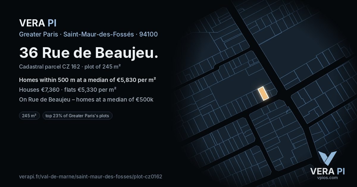 36 Rue de Beaujeu, Saint-Maur-des-Fossés at night – the plot lit, the parcels around coloured by the prices near them