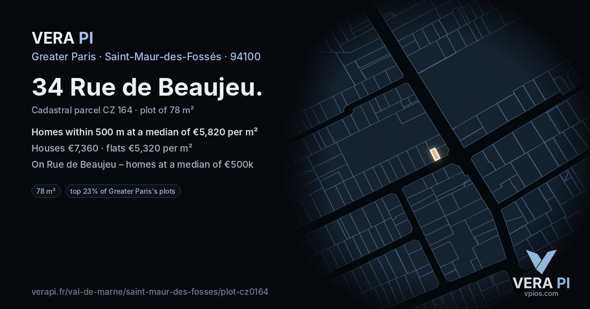 34 Rue de Beaujeu, Saint-Maur-des-Fossés at night – the plot lit, the parcels around coloured by the prices near them
