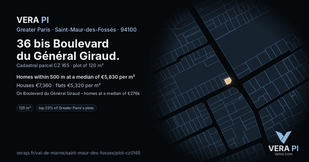 36 bis Boulevard du Général Giraud, Saint-Maur-des-Fossés at night – the plot lit, the parcels around coloured by the prices near them