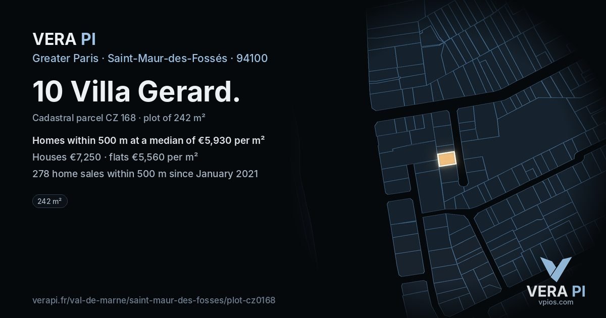 10 Villa Gerard, Saint-Maur-des-Fossés at night – the plot lit, the parcels around coloured by the prices near them