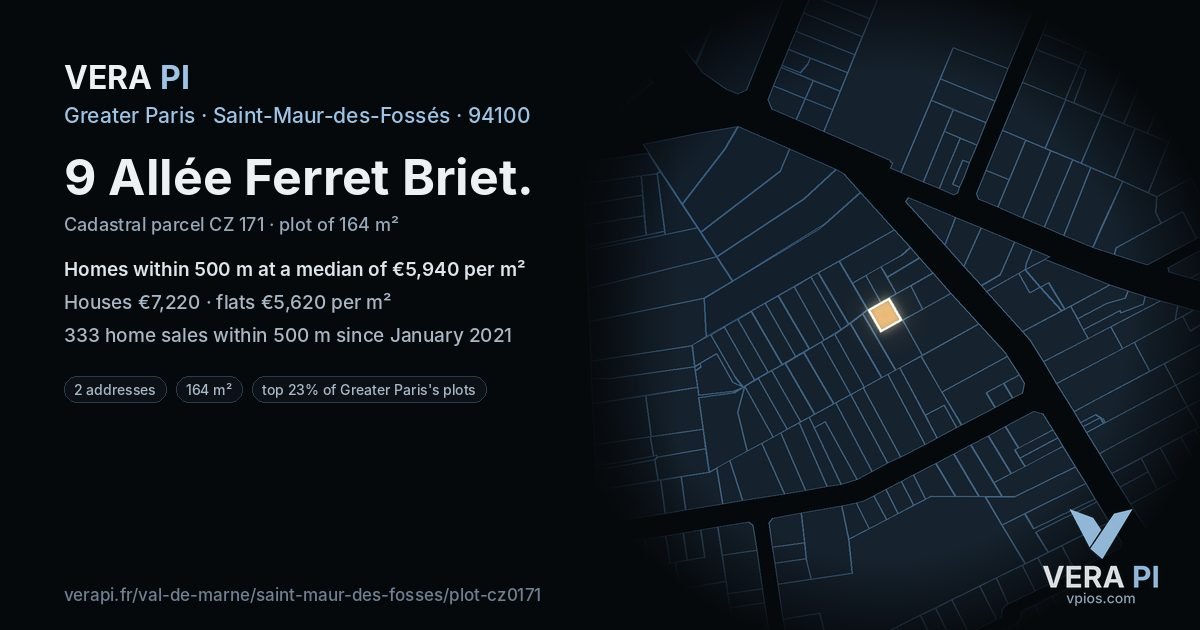 9 Allée Ferret Briet, Saint-Maur-des-Fossés at night – the plot lit, the parcels around coloured by the prices near them