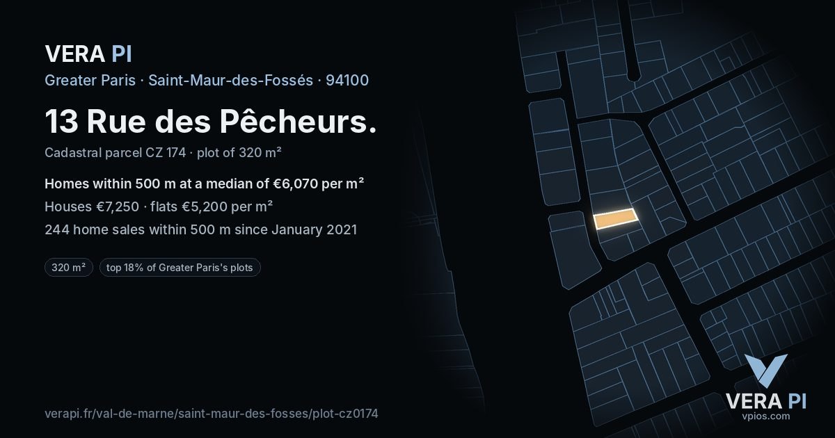 13 Rue des Pêcheurs, Saint-Maur-des-Fossés at night – the plot lit, the parcels around coloured by the prices near them