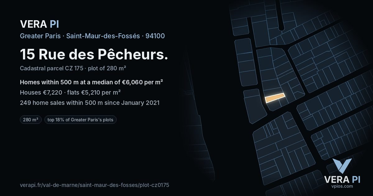 15 Rue des Pêcheurs, Saint-Maur-des-Fossés at night – the plot lit, the parcels around coloured by the prices near them