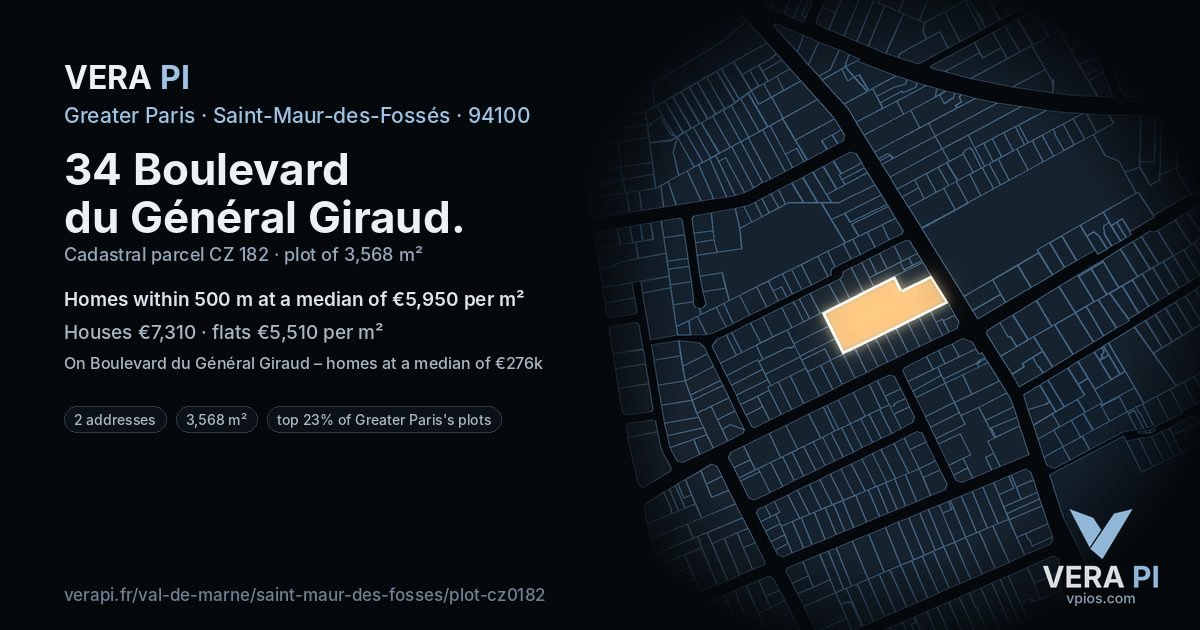 34 Boulevard du Général Giraud, Saint-Maur-des-Fossés at night – the plot lit, the parcels around coloured by the prices near them