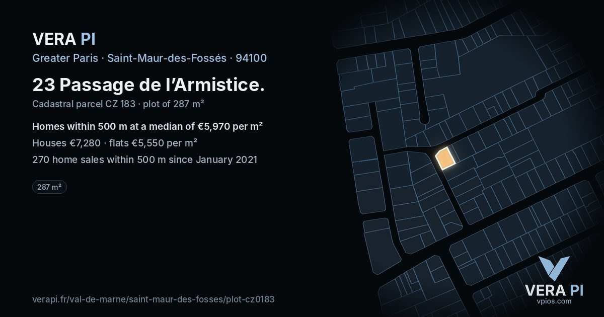 23 Passage de l’Armistice, Saint-Maur-des-Fossés at night – the plot lit, the parcels around coloured by the prices near them