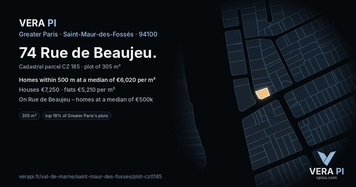 74 Rue de Beaujeu, Saint-Maur-des-Fossés at night – the plot lit, the parcels around coloured by the prices near them