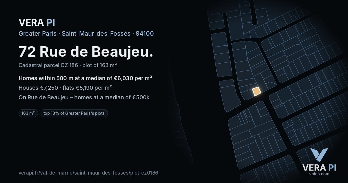 72 Rue de Beaujeu, Saint-Maur-des-Fossés at night – the plot lit, the parcels around coloured by the prices near them