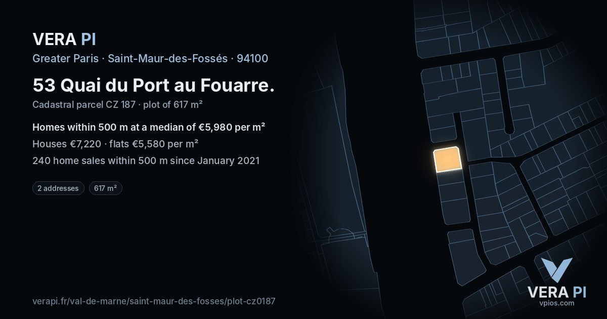 53 Quai du Port au Fouarre, Saint-Maur-des-Fossés at night – the plot lit, the parcels around coloured by the prices near them