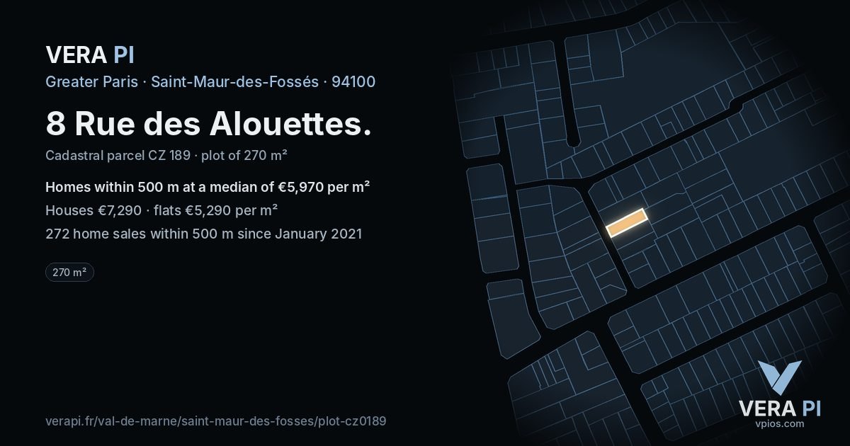 8 Rue des Alouettes, Saint-Maur-des-Fossés at night – the plot lit, the parcels around coloured by the prices near them